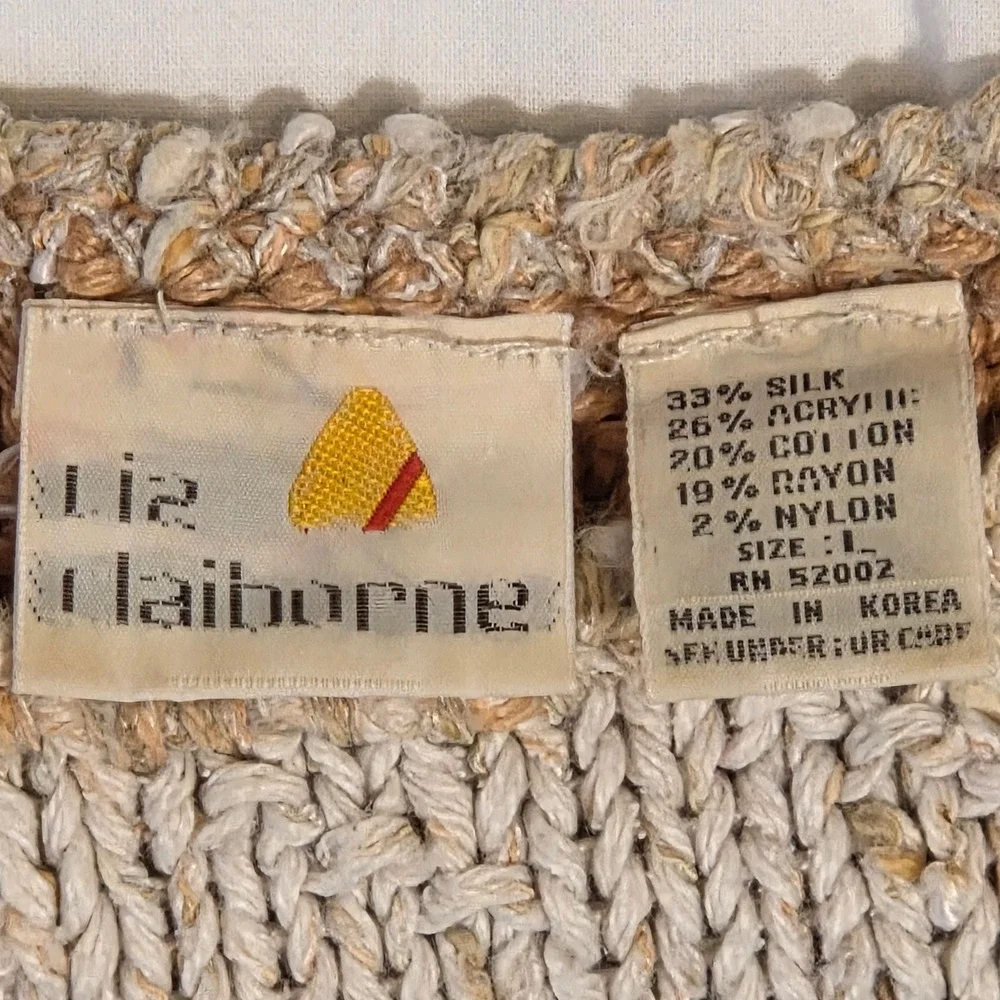 Liz Claiborne Vintage Silk Blend Patchwork Knit Sweater Vest Tan Green Large‎